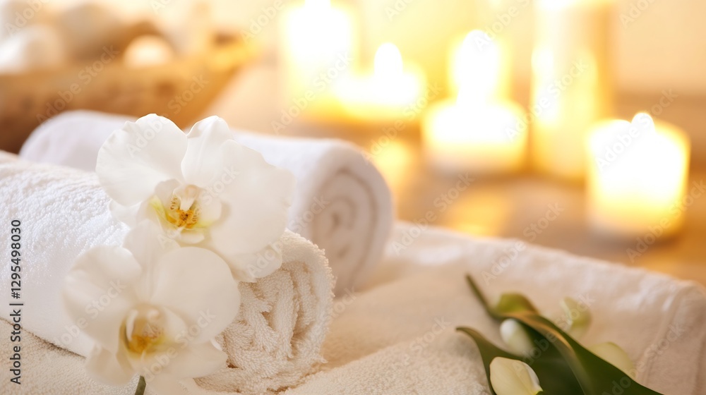 Tranquil Spa Setting with Towels and White Orchids Surrounded by Soft Candlelight : Generative AI Tranquil Spa Setting with Towels and White Orchids Surrounded by Soft Candlelight : Generative AI
