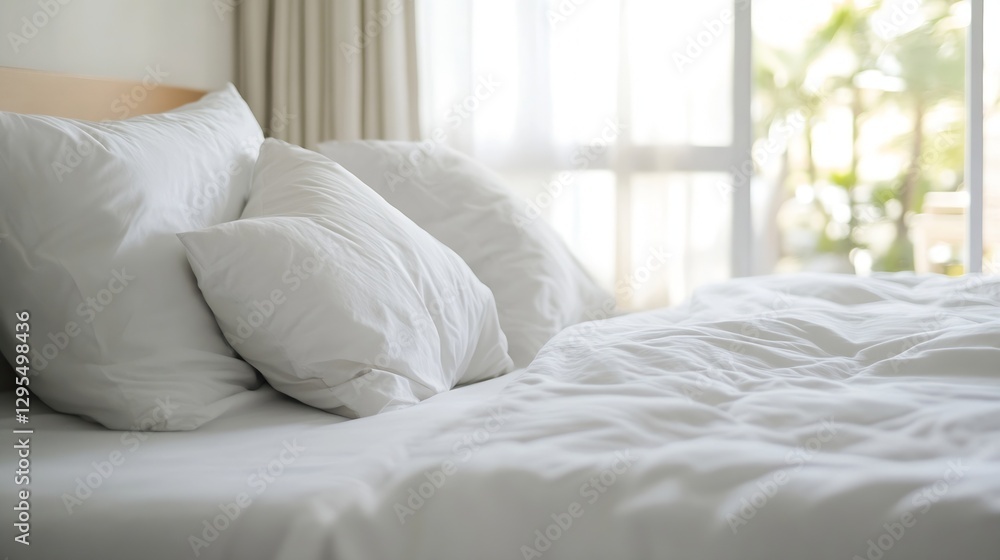 Cozy Bedroom Setting with Soft Pillows and Sunlight Streaming Through Window : Generative AI Cozy Bedroom Setting with Soft Pillows and Sunlight Streaming Through Window : Generative AI
