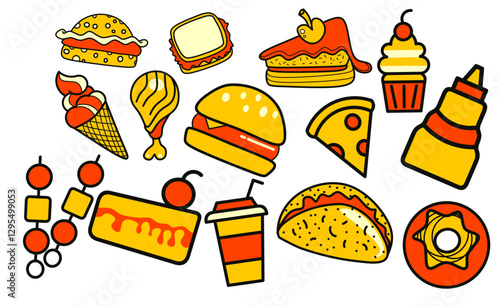 Collection of various fast food. Junk Meals Collection. Pizza, burger, soda, hot dog, french fries, toast with egg, tomato paste, donut. Perfect for menu or food package design. Cartoon cute hand draw