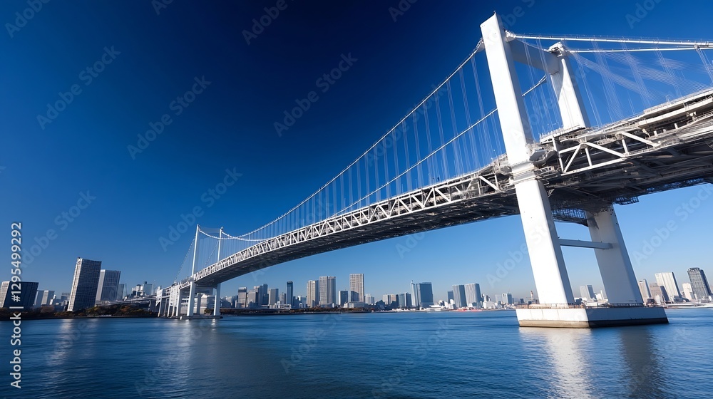 Stunning modern bridge soaring above a calm river with clear reflections of the city skyline : Generative AI