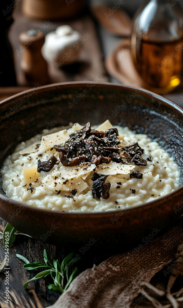 Exquisite Black Truffle Risotto with Parmesan Shavings, A Culinary Masterpiece Exquisite Black Truffle Risotto with Parmesan Shavings, A Culinary Masterpiece