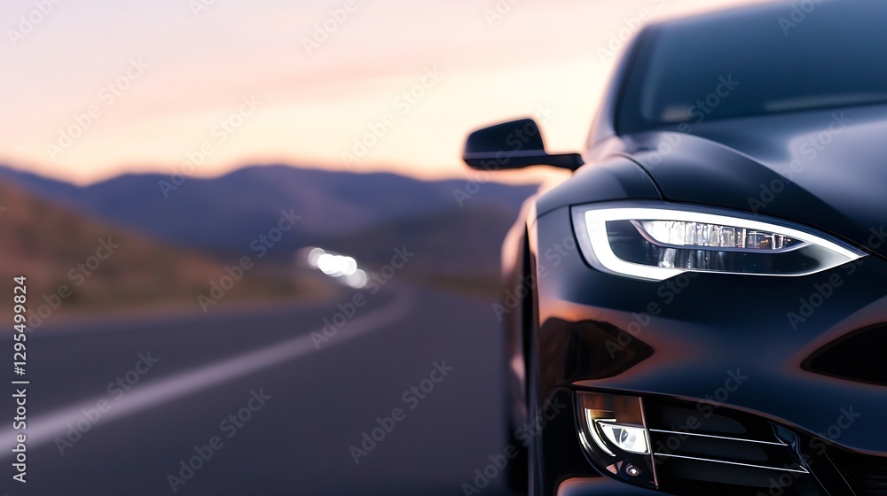 Sleek Black Car Front Close Up with Bright Headlights and Scenic Road Background : Generative AI Sleek Black Car Front Close Up with Bright Headlights and Scenic Road Background : Generative AI