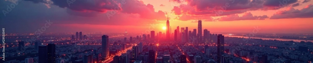 Fototapeta premium Minimalist cityscape at sunset with skyscrapers and bright lights , skyscrapers, sunset, future