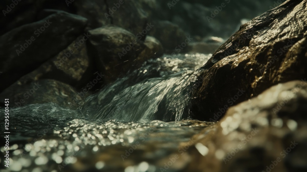 Water flows rapidly downhill through rocks in the riverbed Water flows rapidly downhill through rocks in the riverbed
