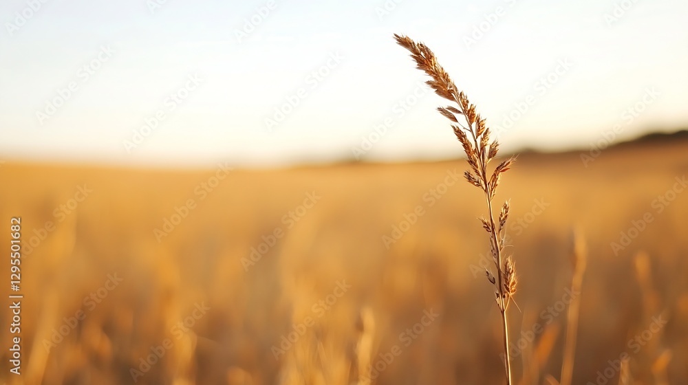 Fototapeta premium Golden Wheat Field Close Up Featuring a Single Grain Spike in the Warm Sunlight : Generative AI