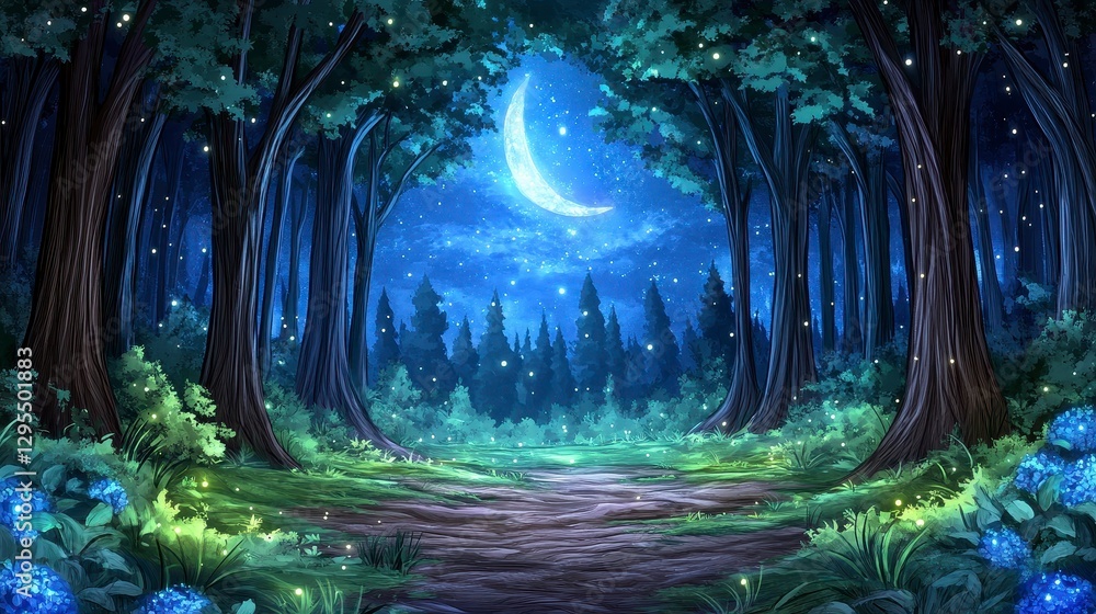 Obraz premium Enchanted Forest with Moonlight and Stars Illuminating Pathway