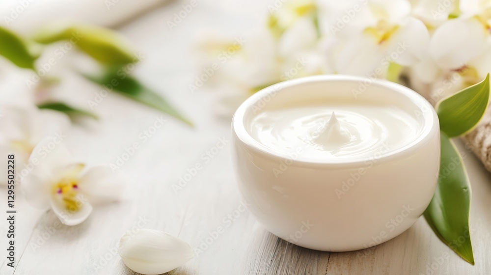 Natural Cream in White Container Surrounded by Orchid Flowers on Wooden Surface for Skincare : Generative AI Natural Cream in White Container Surrounded by Orchid Flowers on Wooden Surface for Skincare : Generative AI