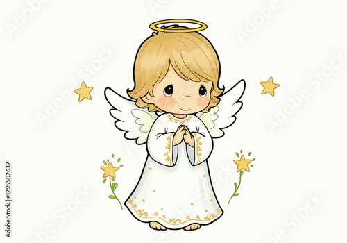 Precious moments angel clipart. A cute angel with blonde hair, a halo, and white wings, wearing a white robe with gold accents, stands with hands clasped. Vector illustration design.