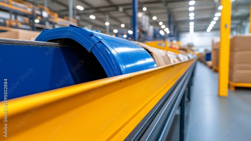 Conveyor System with Blue Container in Modern Warehouse Environment Conveyor System with Blue Container in Modern Warehouse Environment