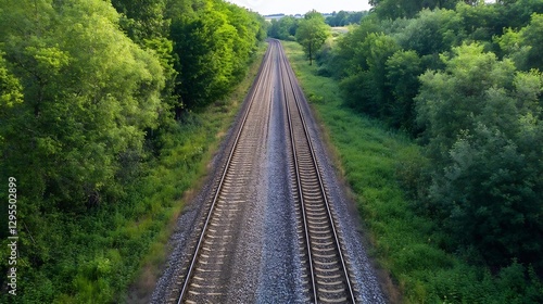 Aerial view of railway tracks surrounded by lush greenery and trees : Generative AI
