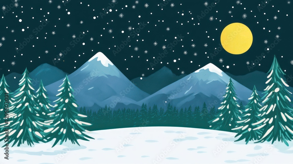 Fototapeta premium A peaceful winter scene with mountains trees and night sky