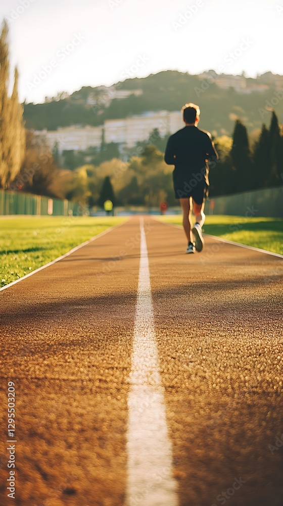 Fototapeta premium Runner sprints track, city backdrop
