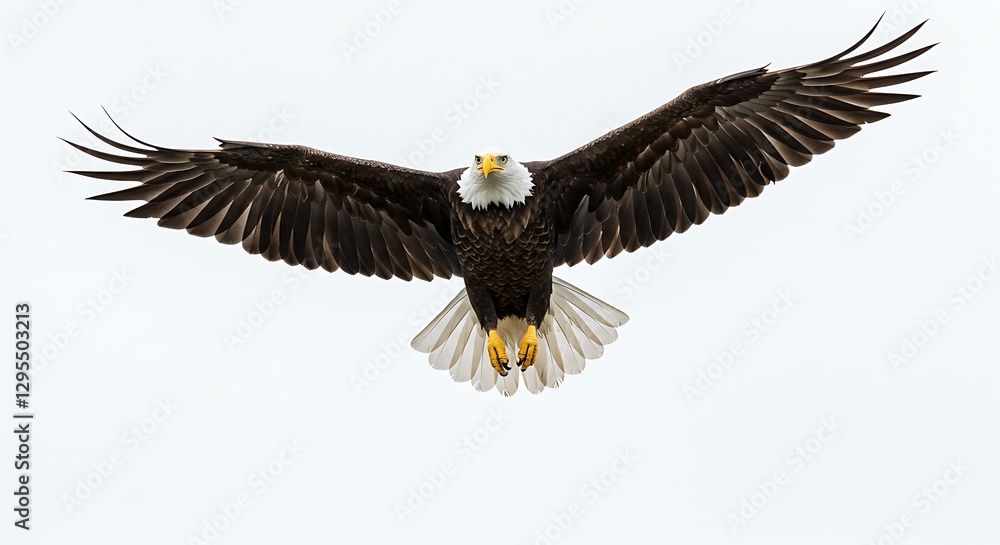 Naklejka premium A majestic bald eagle soaring with wings spread wide, isolated on a white background