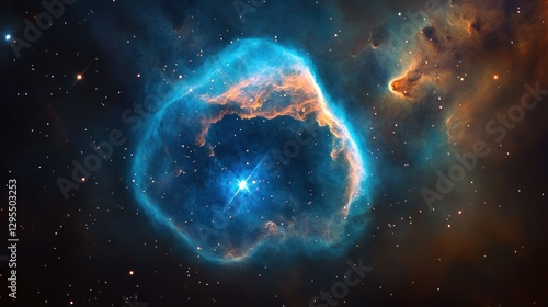The cosmos displays a stunning nebula with vibrant colors