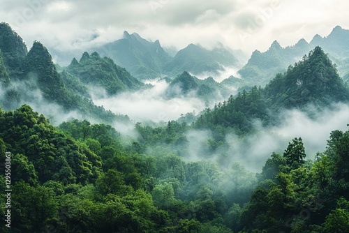 Misty mountains and dense forests  an epic landscape evoking grandeur and mystery