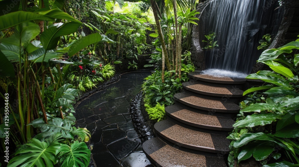 Obraz premium A luxury outdoor space with a floating stone pathway leading to a black waterfall.