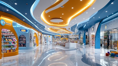 A spacious lobby featuring various company boutiques and a large hypermarket