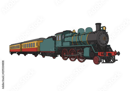 Old train clip art. This image shows a vintage steam locomotive with two passenger cars. Vector illustration design.