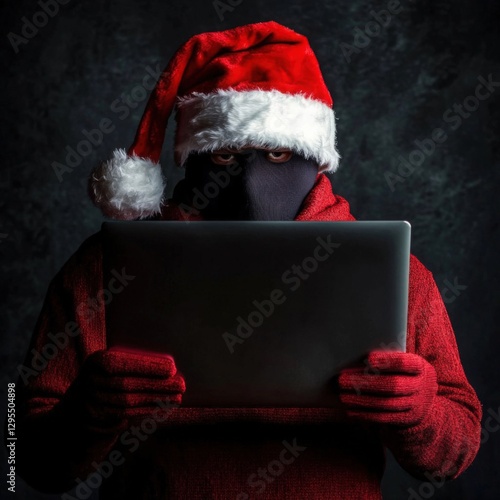 Artistic Image of Online Scammer in Mask with Laptop on Dark Background