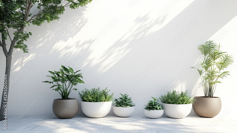 A modern courtyard with a row of minimalistic potted plants. A modern courtyard with a row of minimalistic potted plants.