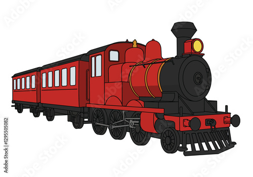 Red train clipart. This image shows a red steam locomotive with two passenger cars. Vector illustration design.