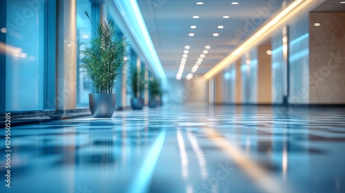 Abstract blurred canteen room background. Blurry office building or university lobby with a school hallway corridor out of focus