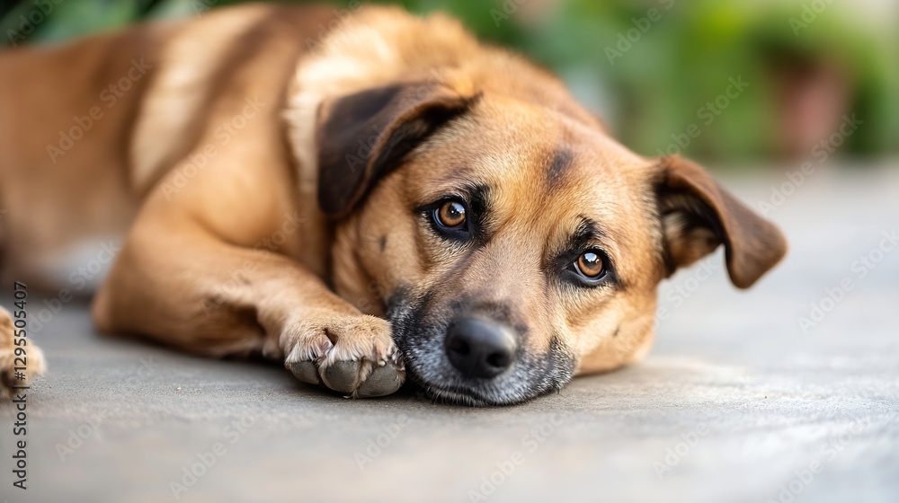 Charming brown dog resting peacefully on the floor with soulful eyes : Generative AI Charming brown dog resting peacefully on the floor with soulful eyes : Generative AI