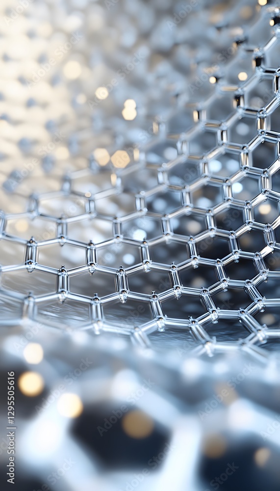 Obraz premium Metallic hexagon grid structure shining with light in a blue haze