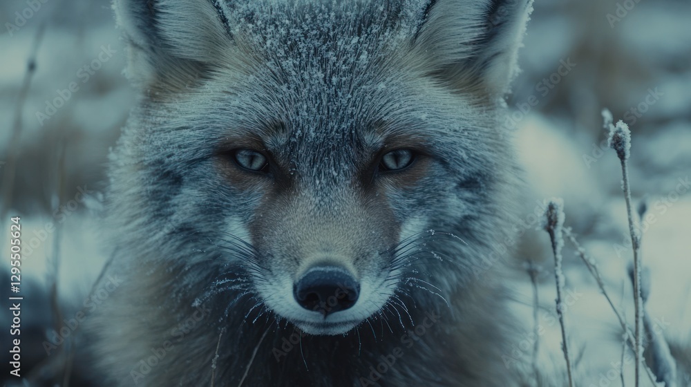 Fototapeta premium A fox covered in snow stares intensely at the viewer