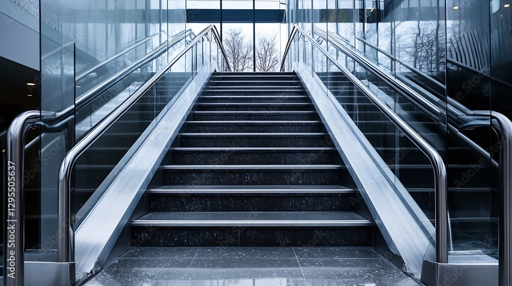Modern interior staircase with glass railing and polished steps conveying elegance in an urban setting : Generative AI Modern interior staircase with glass railing and polished steps conveying elegance in an urban setting : Generative AI