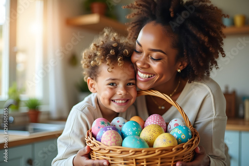 A cheerful family moment featuring a mother and daughter with a basket of Easter eggs, radiating love and happiness in a cozy home.