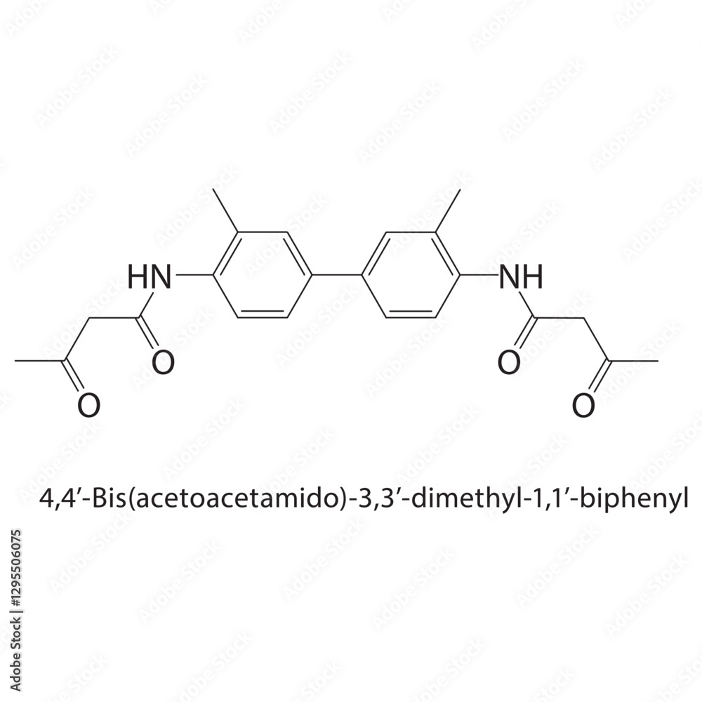 Fototapeta premium 4,4’-Bis(acetoacetamido)-3,3’-dimethyl-1,1’-biphenyl skeletal structure.Amide compound schematic illustration. Simple diagram, chemical formula.