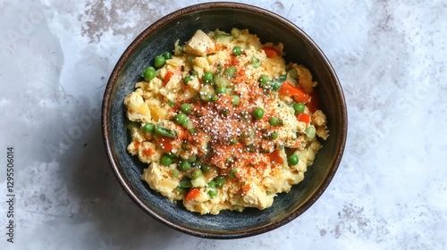 Wallpaper Mural Colorful scrambled eggs with peas, red peppers, onion, and spices in a rustic bowl on a textured surface Torontodigital.ca