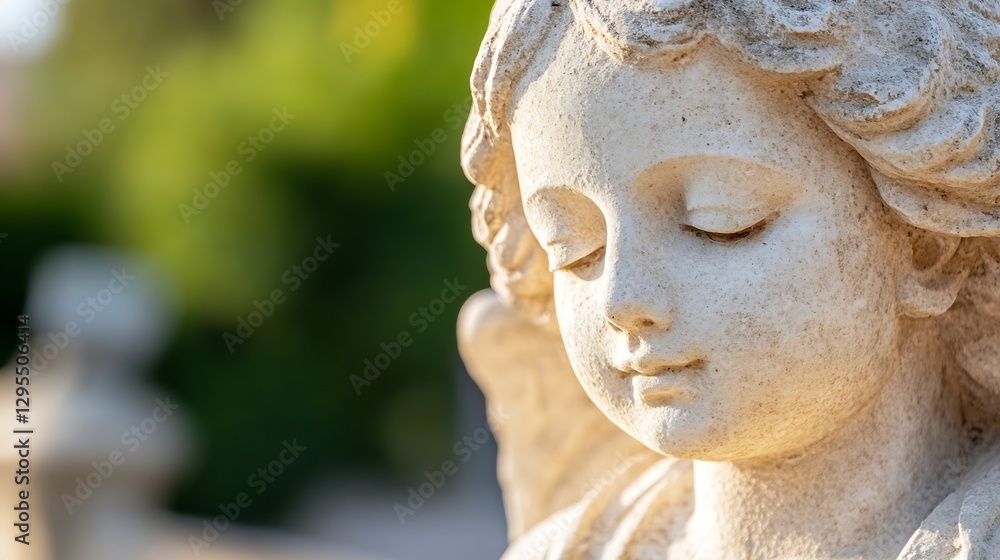 Obraz premium Elegant stone angel statue with serene expression surrounded by vibrant greenery in a peaceful setting : Generative AI