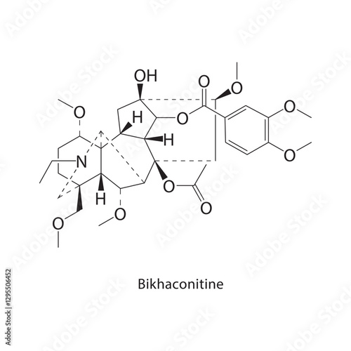 Bikhaconitine skeletal structure.Alkaloid compound schematic illustration. Simple diagram, chemical formula.