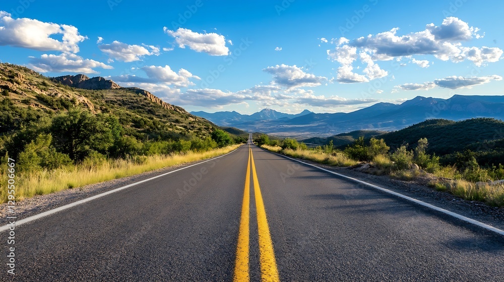 Scenic view of a long winding road surrounded by green hills and mountains under a bright sky : Generative AI Scenic view of a long winding road surrounded by green hills and mountains under a bright sky : Generative AI