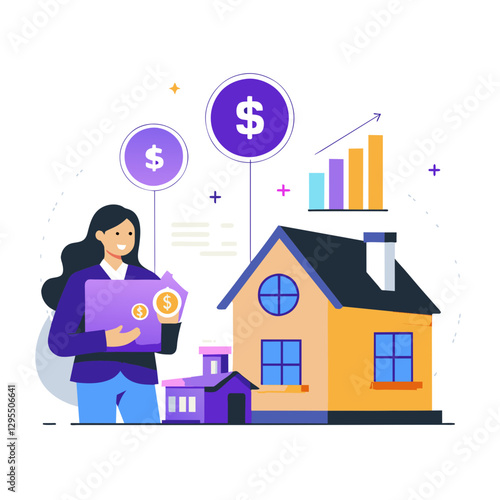 Female real estate agent presenting investment opportunity with house in the background.