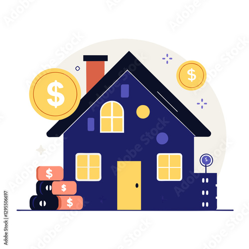A stylized depiction of a home with financial symbols, showcasing real estate investment. Flat design of a simple house with dollar signs overlaid, suggesting a real estate investment strategy.