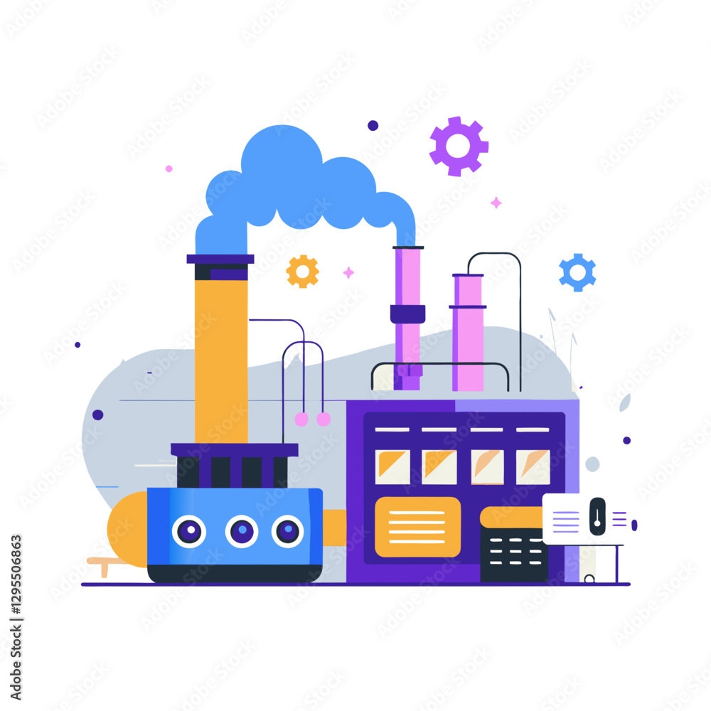 Industrial complex with colorful, abstract design in modern setting. Structure with multiple interconnected components and visible exhaust emitting blue smoke. Industrial complex with colorful, abstract design in modern setting. Structure with multiple interconnected components and visible exhaust emitting blue smoke.