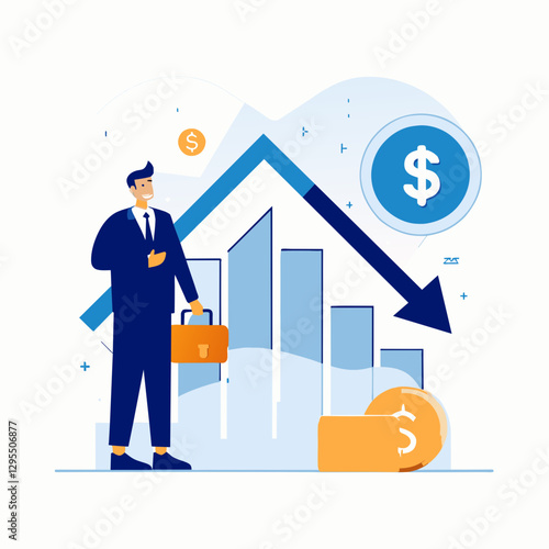 Businessman facing declining financial charts in a professional setting. Adult male in a suit carrying a briefcase, observing falling financial graphs.