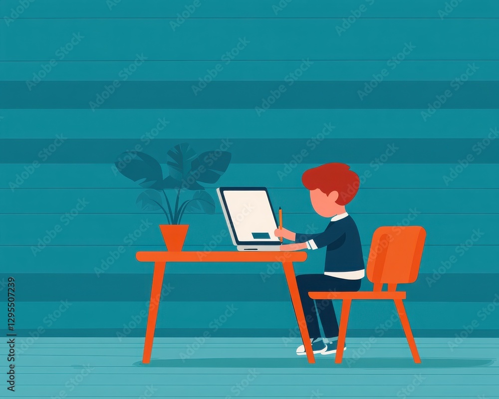 Fototapeta premium A young boy focuses on his work at a colorful desk, showcasing creativity and mindfulness in a vibrant indoor setting.