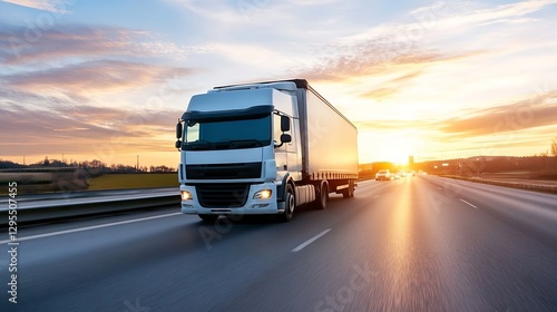 Dynamic view of a powerful delivery truck driving along a road during a vibrant sunset : Generative AI © Generative AI