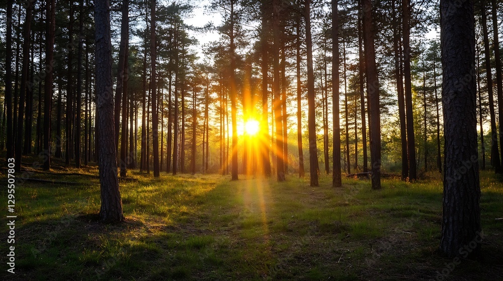 Naklejka premium Sun shining through trees in a serene forest setting during sunset hours : Generative AI