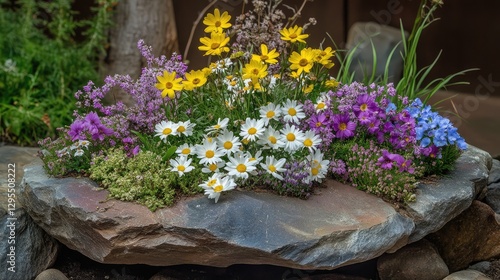 A natural stone arrangement with creeping vines and wildflowers.