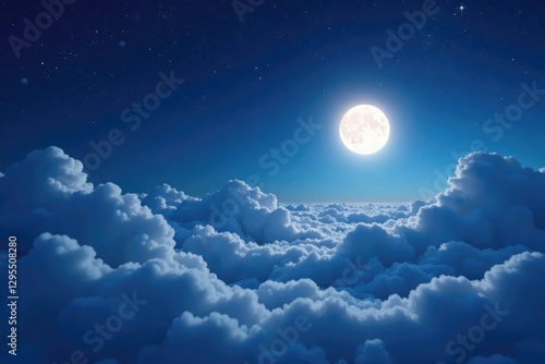Fototapeta Naklejka Na Ścianę i Meble -  White clouds blanket the moonlit landscape under a starry night sky with an ethereal glow effect, lunar, glow