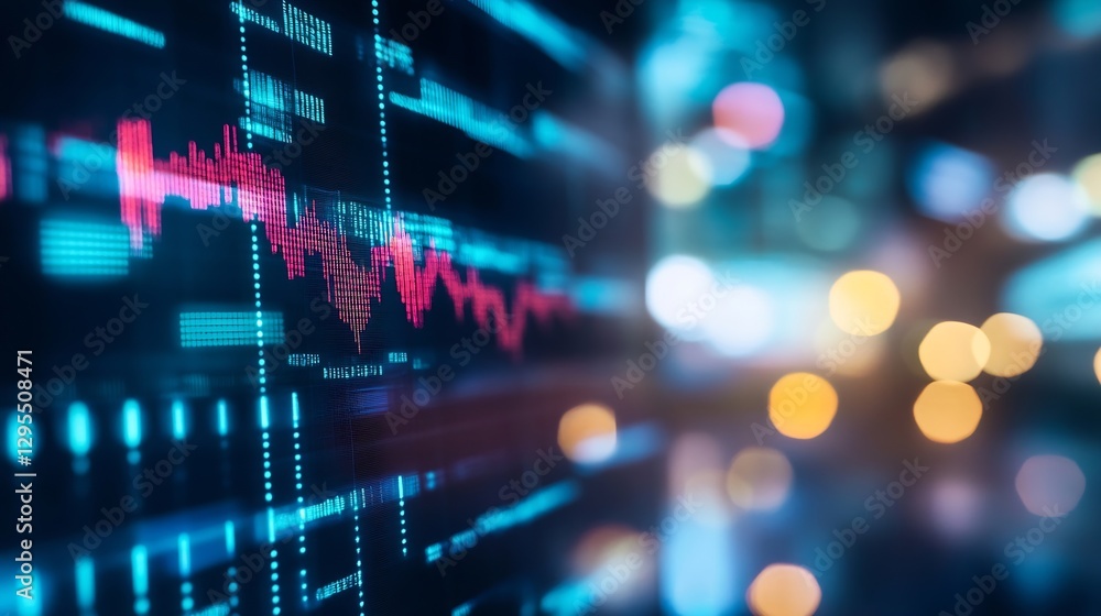Vibrant stock market data display with fluctuating graphs and colorful bokeh background for financial analysis : Generative AI Vibrant stock market data display with fluctuating graphs and colorful bokeh background for financial analysis : Generative AI