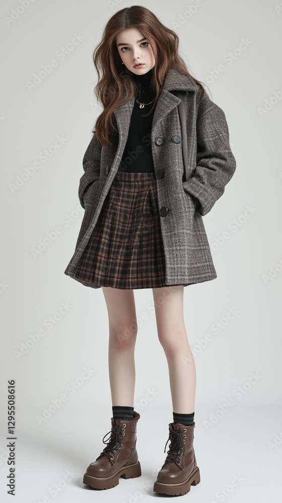 8h Fashionable white girl model, wearing a gray thin coat, black checkered inner layer, brown short skirt, full body photo, pure white studio background, studio lighting, real port 8h Fashionable white girl model, wearing a gray thin coat, black checkered inner layer, brown short skirt, full body photo, pure white studio background, studio lighting, real port