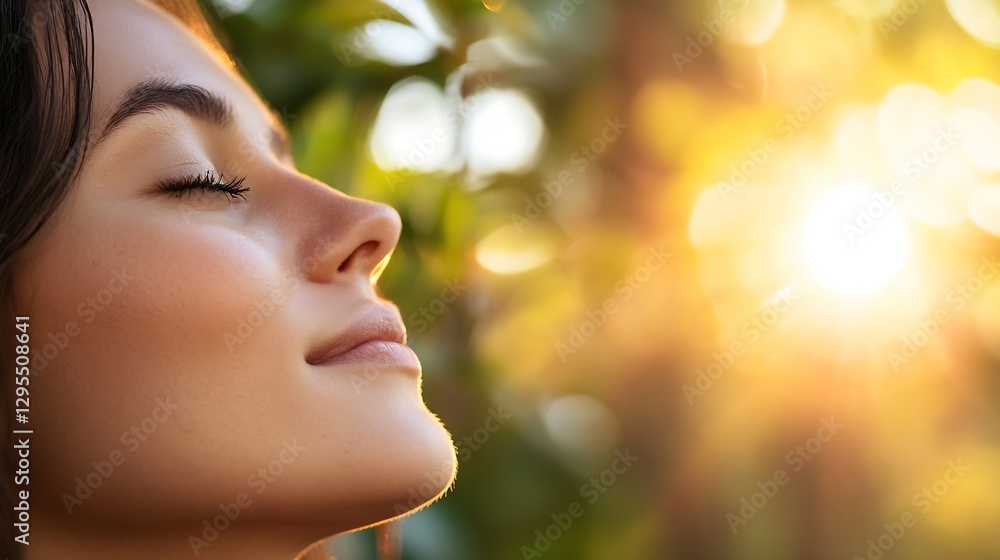 Fototapeta premium Calm Woman Enjoying Sunshine and Nature with a Peaceful Expression Bathed in Golden Light : Generative AI