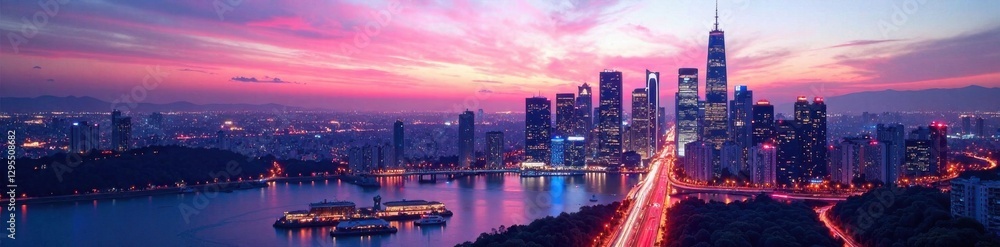 Fototapeta premium Neon-lit cityscape at dusk on a white background, neon lights, technology, futuristic