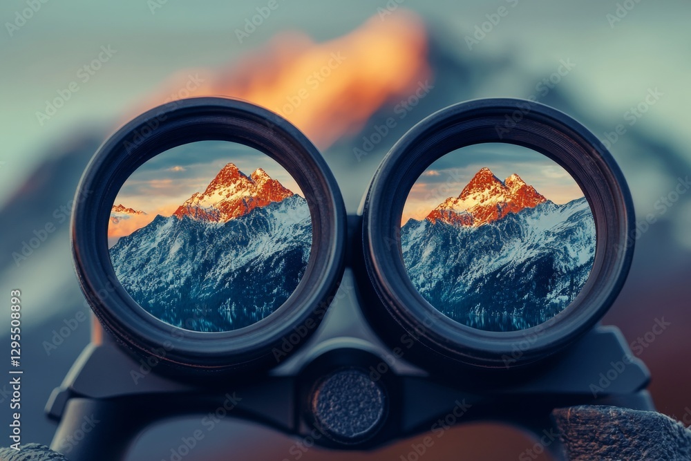 Exploration and adventure binoculars reflecting snow capped mountains against a blurred background Exploration and adventure binoculars reflecting snow capped mountains against a blurred background